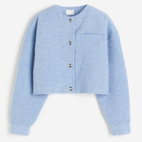 H&M Jackets & Blazers - H&M Blue Boucle Oversized Cropped Collarless Button Front Jacket